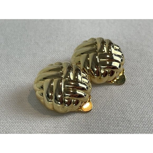 Vintage Clip On Gold Tone Basket Weave Earrings 80s 90s Rubbed - Picture 5 of 8